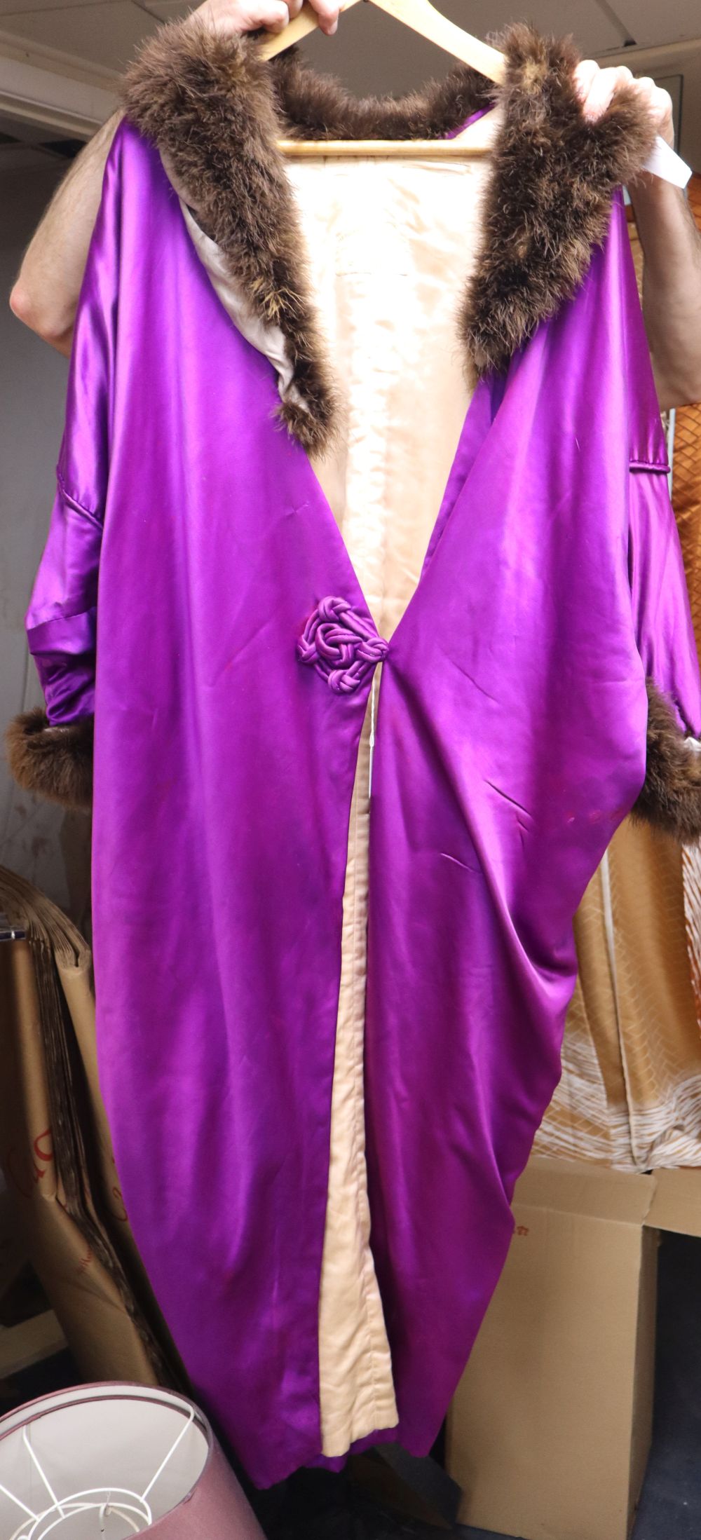 An early 1900 purple silk satin opera coat trimmed with marabou